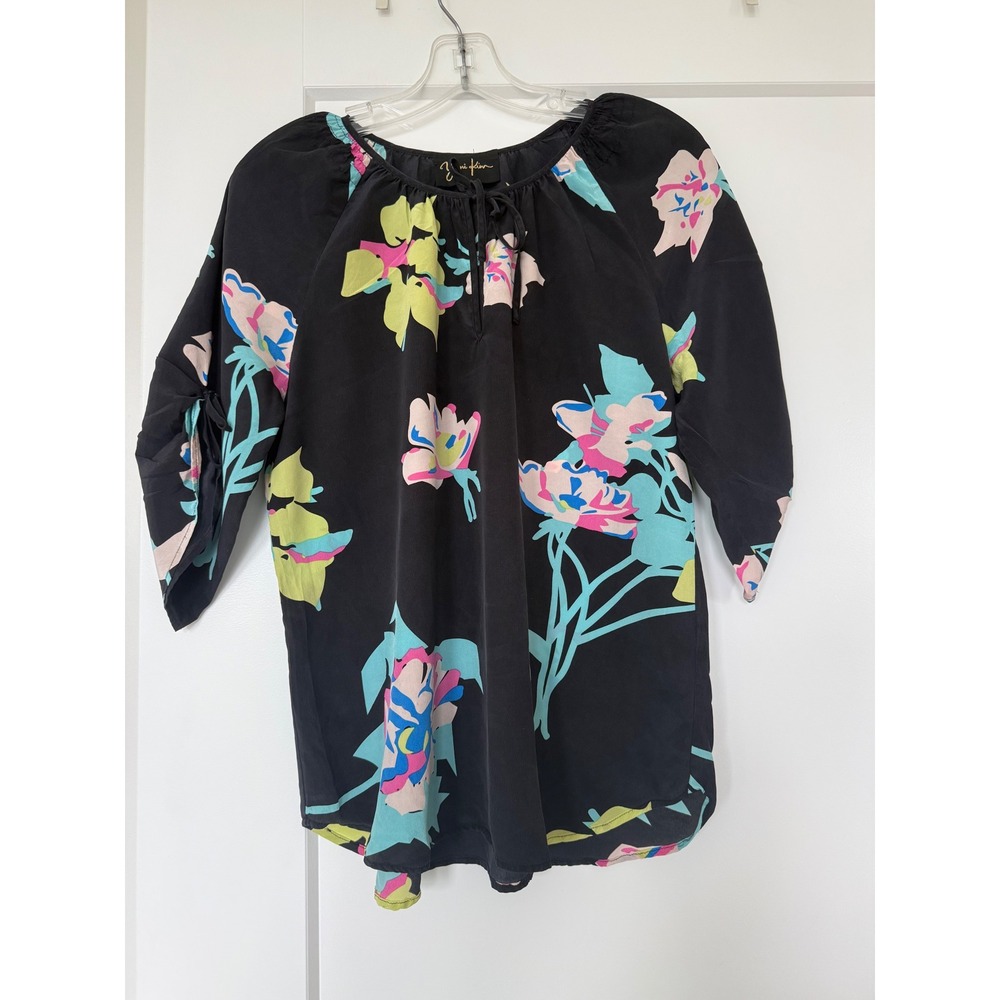 Yumi Kim Silk Floral Blouse Black Pink Blue Tie Neck 3/4 Sleeve Top Medium